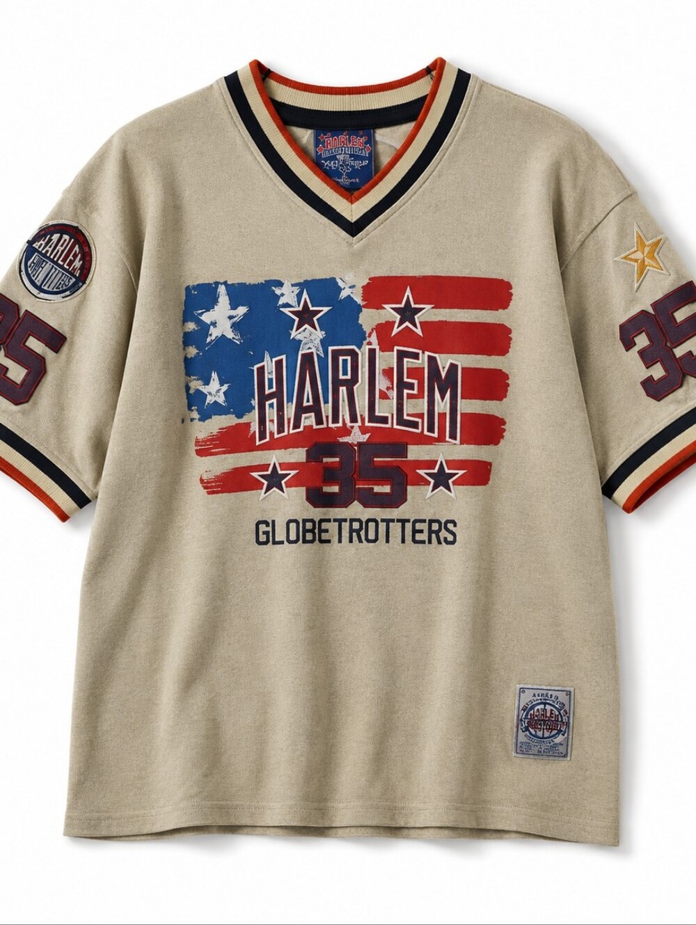 FUBU Men Jersey Harlem Globetrotters 35 Y2K Vintage Graphic V Neck Beige Size L